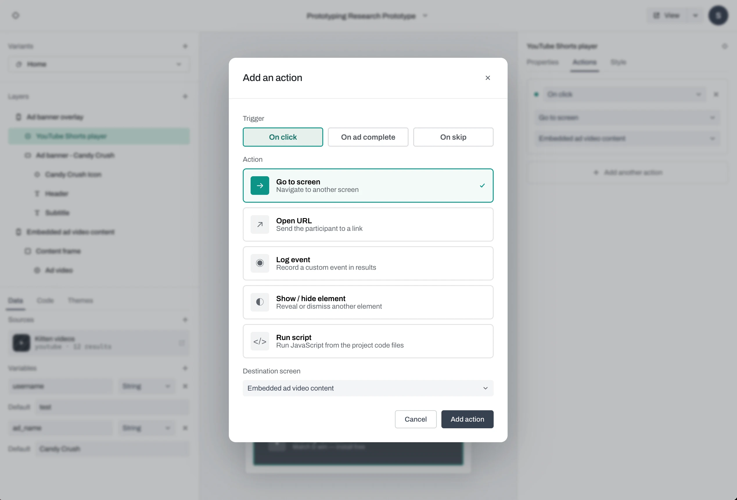 Add an action dialog