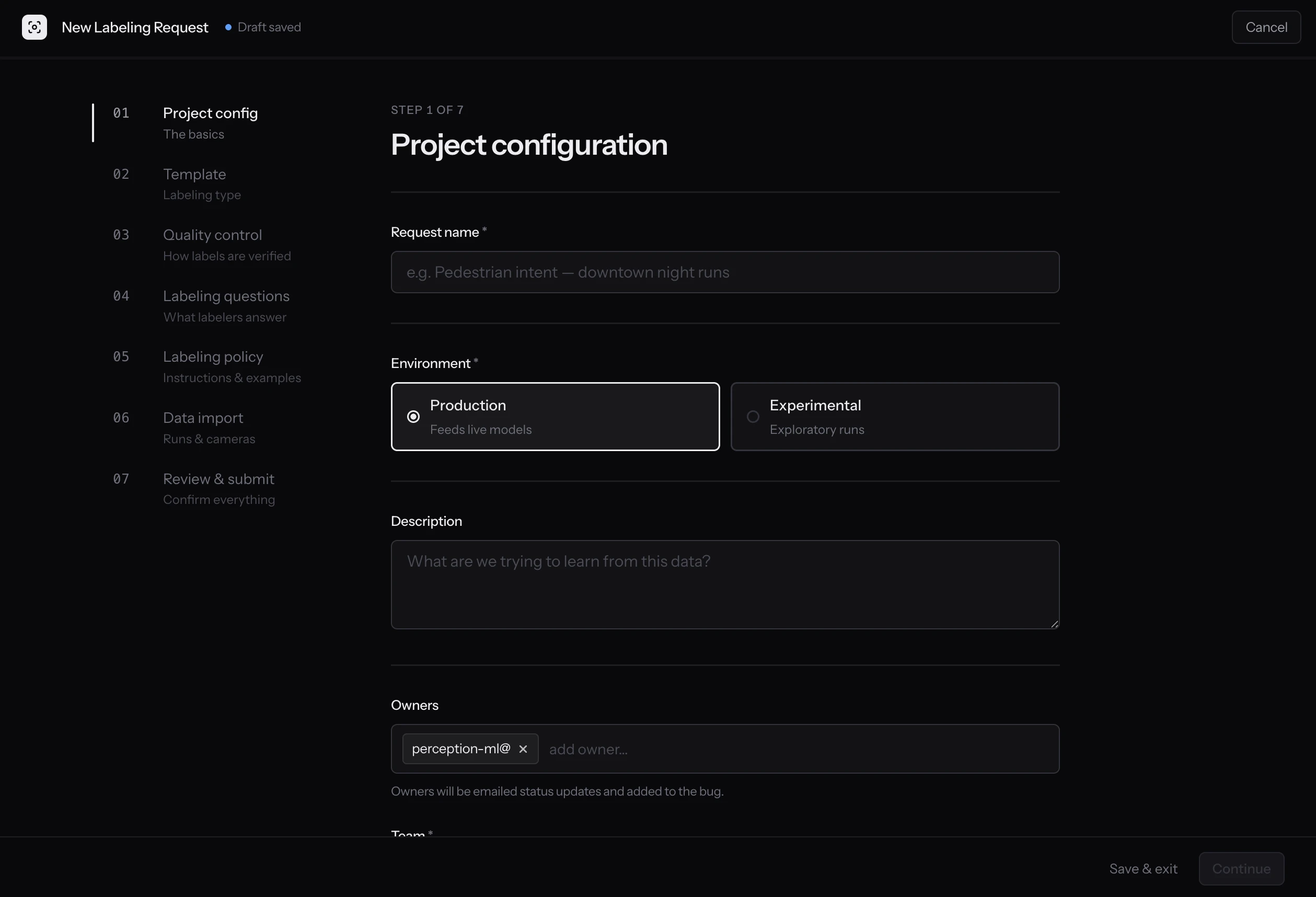 Step one of the redesigned labeling request wizard