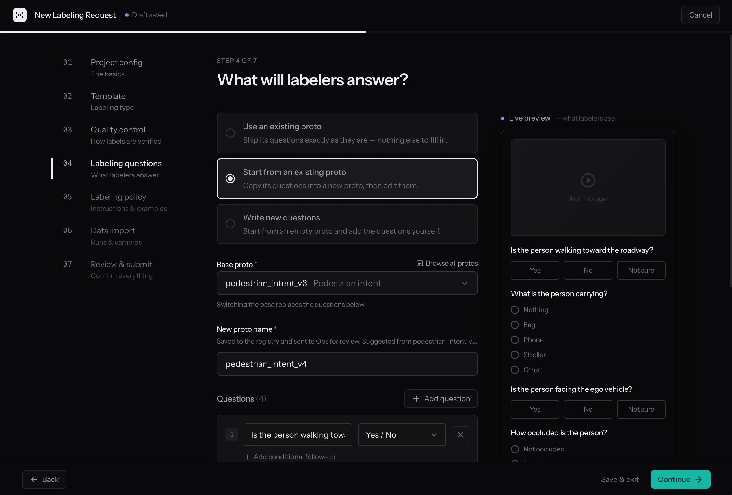 Wizard step four, labeling questions with live preview